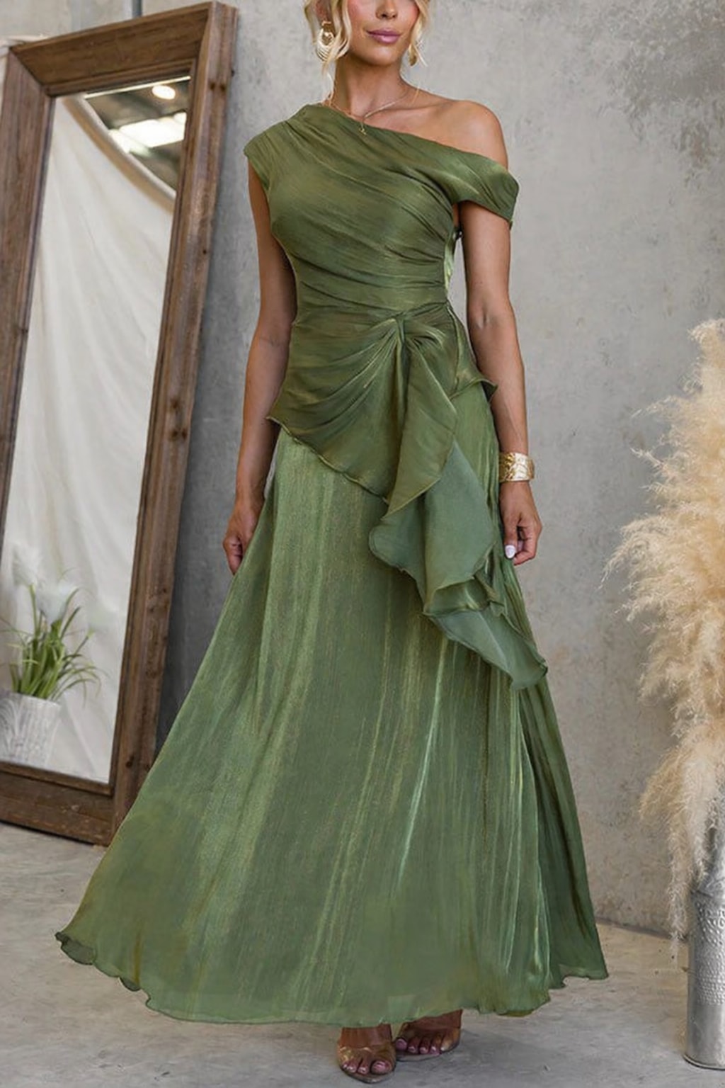 Polyester Set With One-Shoulder Ruched Top & Flare Skirt - 3