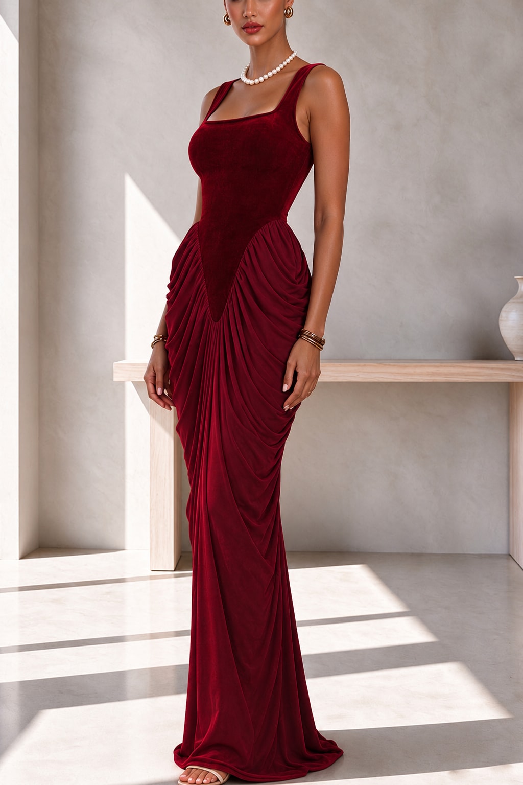 Velvet Maxi Dress Ruched Square Neck Party Wear - 4
