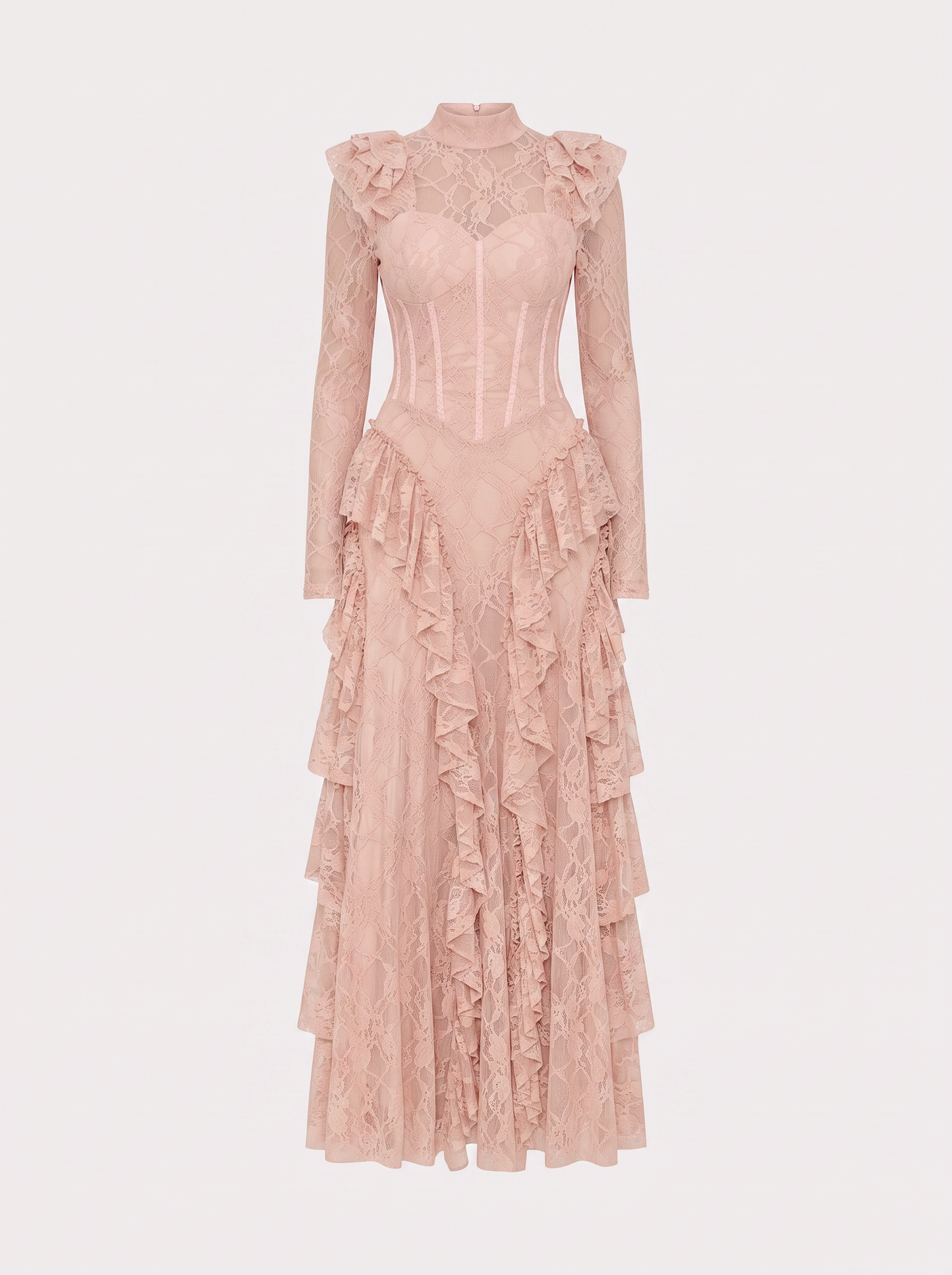 Long Sleeve Lace Corset Maxi Dress in Pink