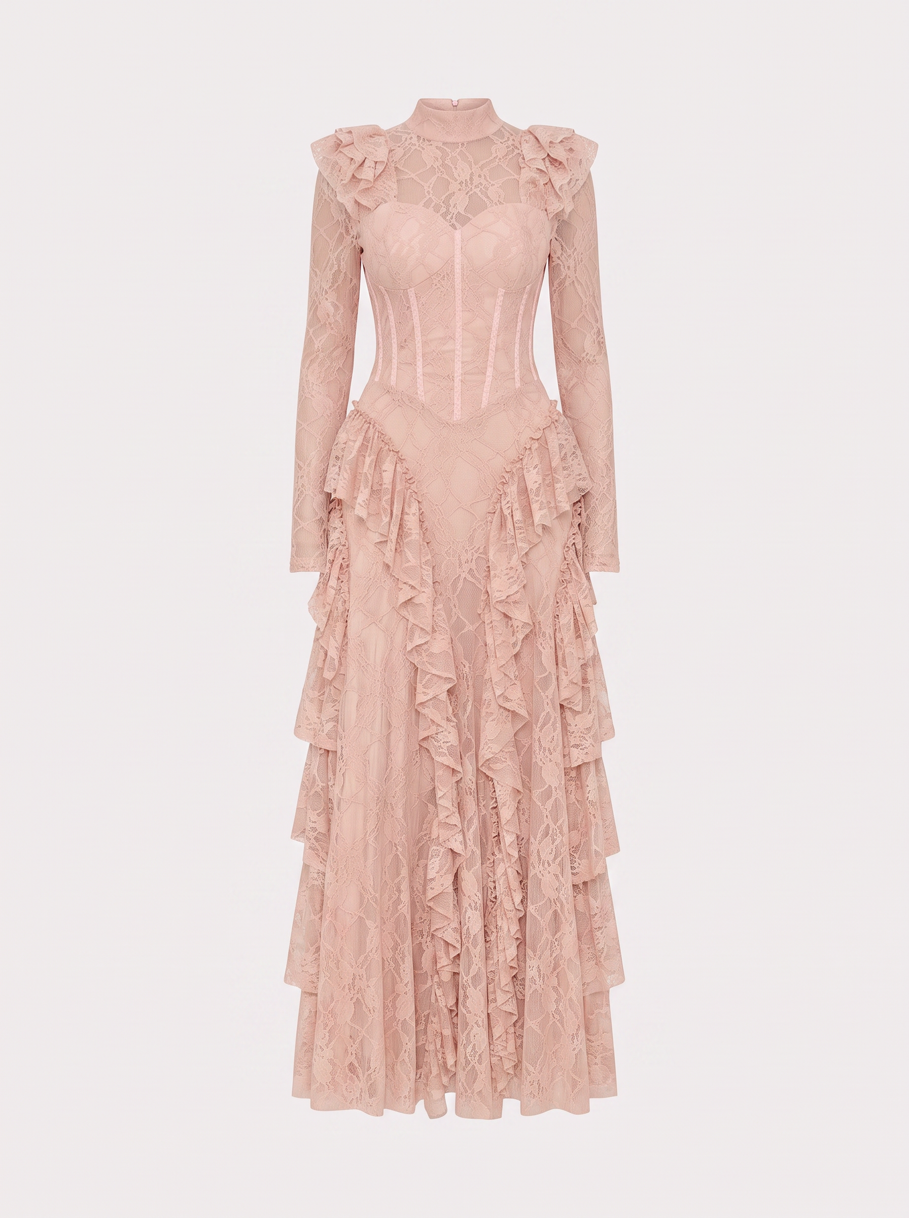Long Sleeve Lace Corset Maxi Dress in Pink
