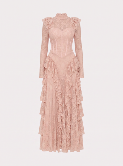 Long Sleeve Lace Corset Maxi Dress in Pink