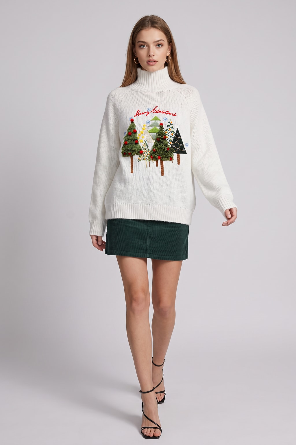 White Ribbed Knit Sweater With Embroidered Christmas Tree - 4