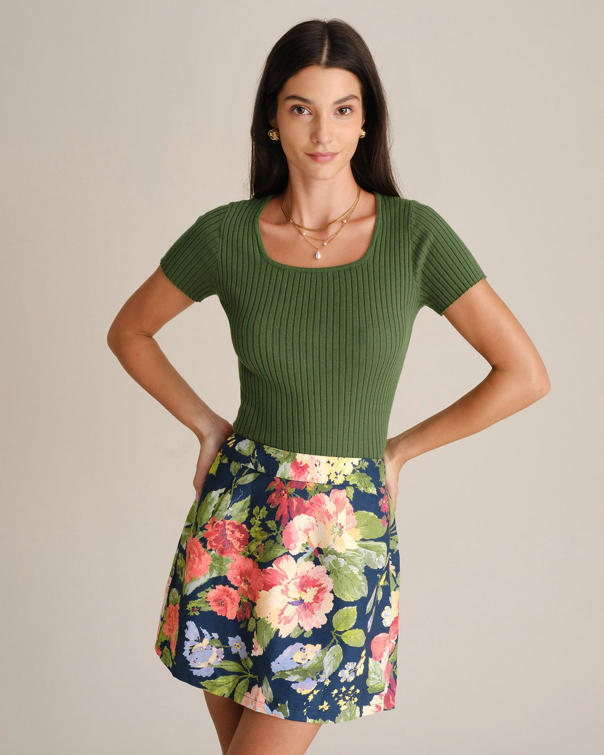 Green square neck ribbed knit tee - view 3