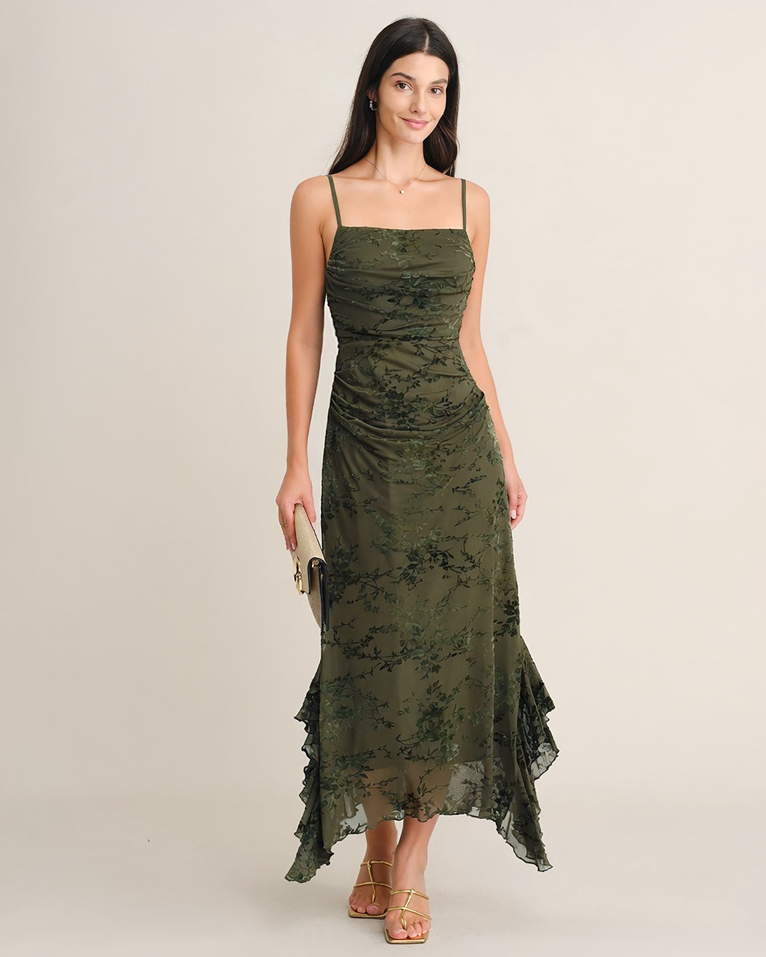 Green Mesh Floral Ruffle Midi Dress - view 4