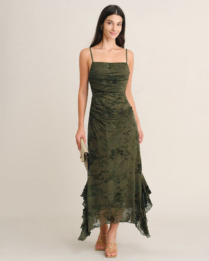 Green Mesh Floral Ruffle Midi Dress - view 4