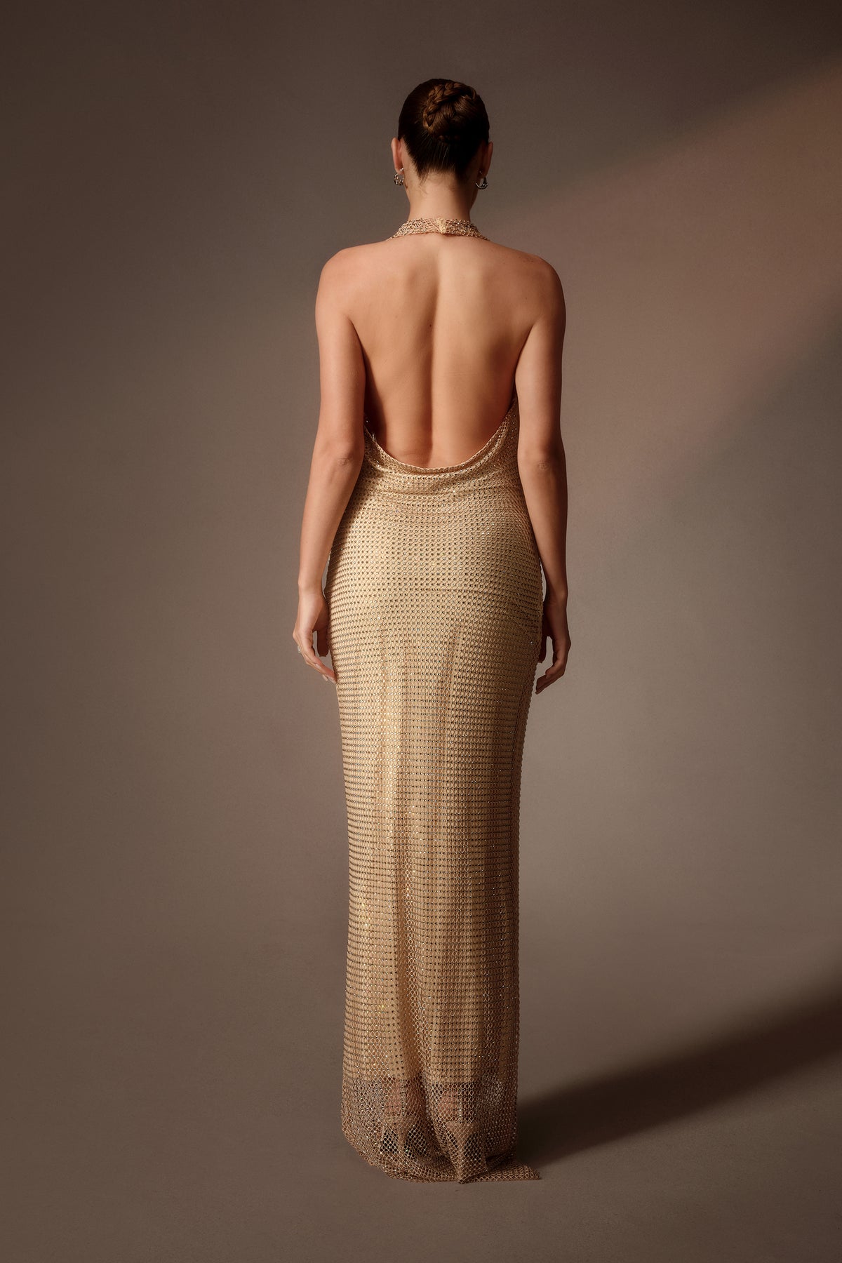 Gold Rhinestone Cowl Neck Maxi Dress With Thigh Slit - 4