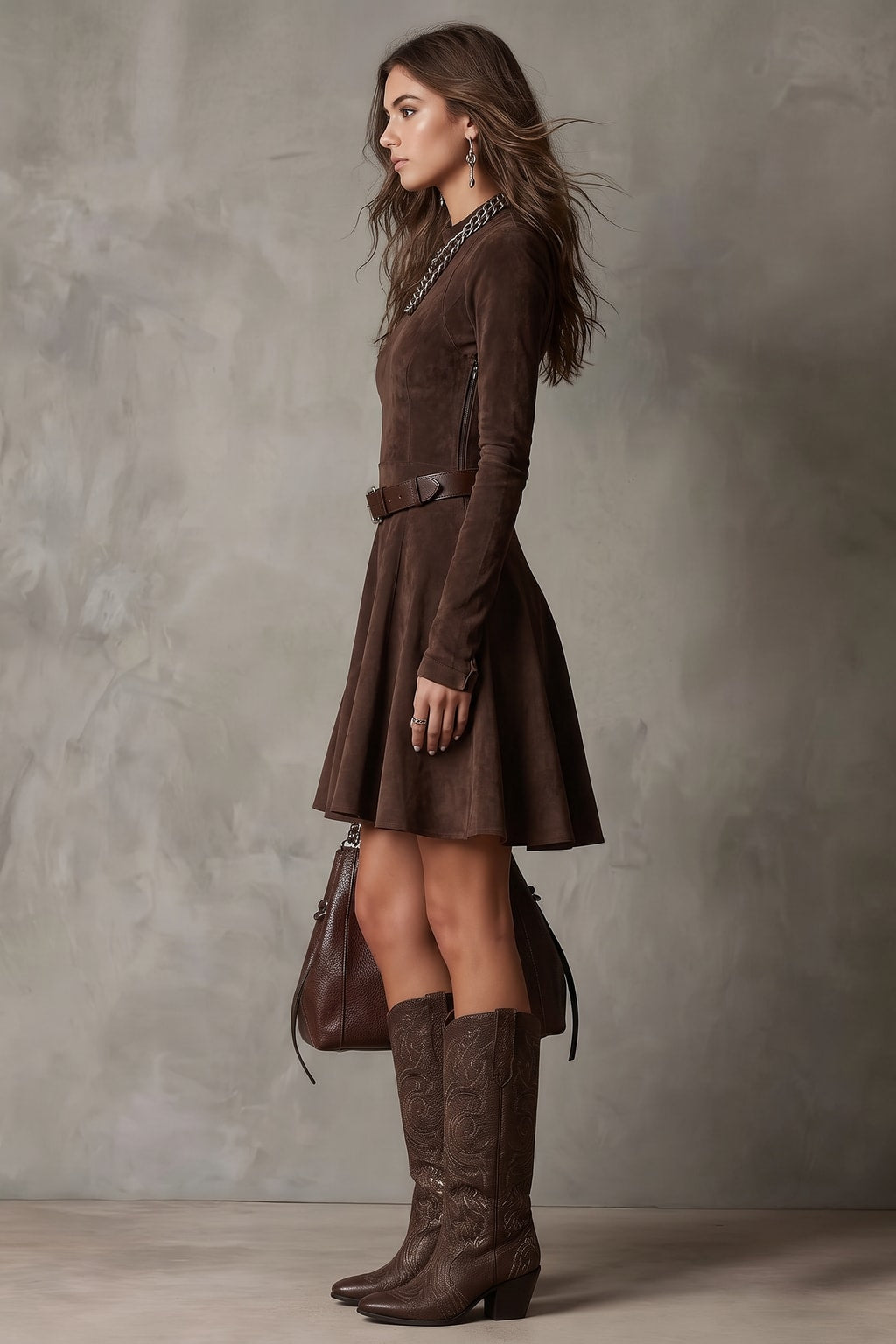 Suede Mini Dress with Turtleneck and Vintage Style - 4