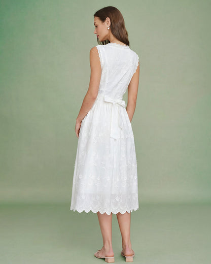 White V-neck embroidered cotton midi dress - view 4