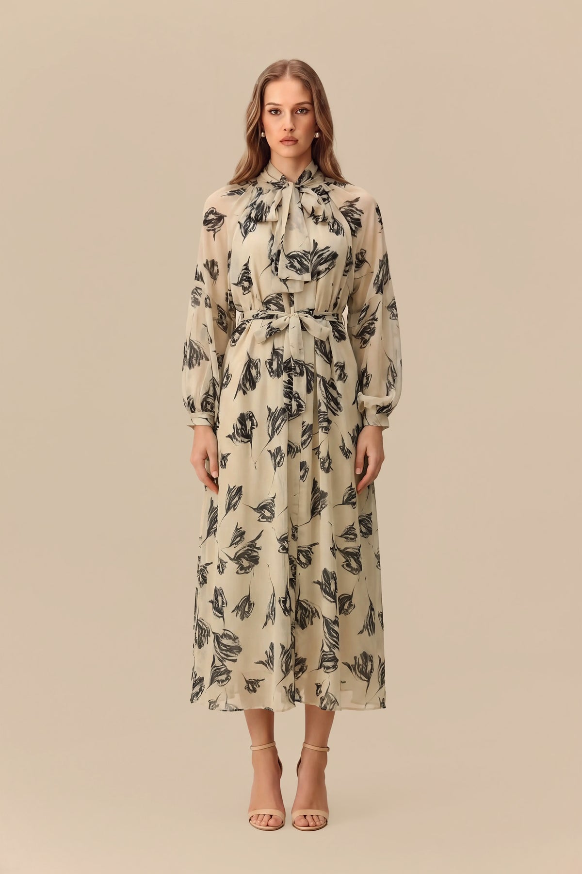 Beige Floral Chiffon Puff Sleeve Maxi Dress - view 2