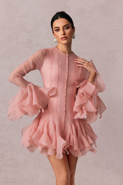 Flared Sleeve Mesh Mini Dress in Pink - view 3