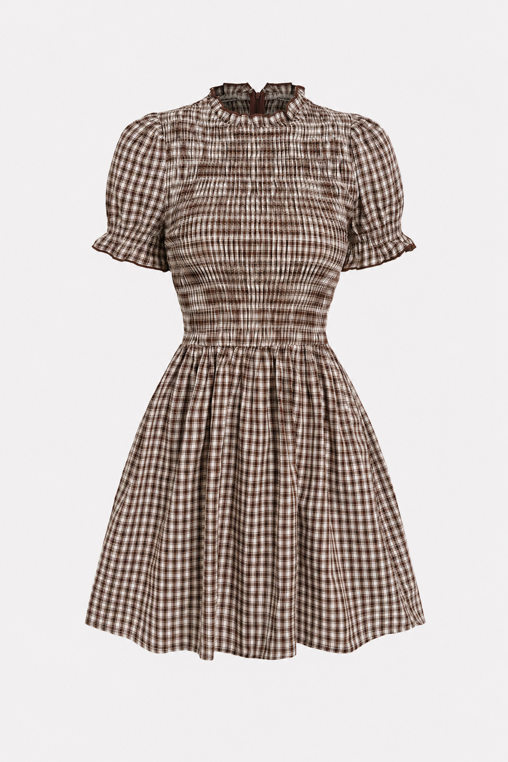 Coffee Gingham Mini Dress with Puffed Sleeves