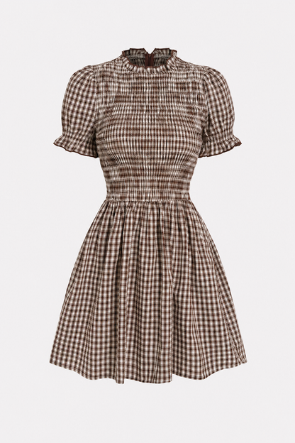 Coffee Gingham Mini Dress with Puffed Sleeves
