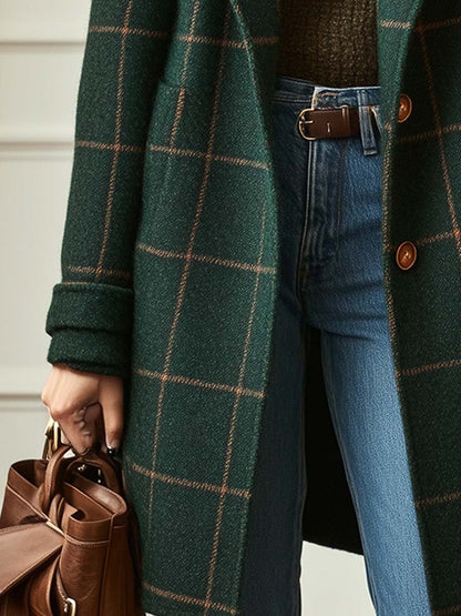 Dark green tweed plaid coat with lapel collar - view 3