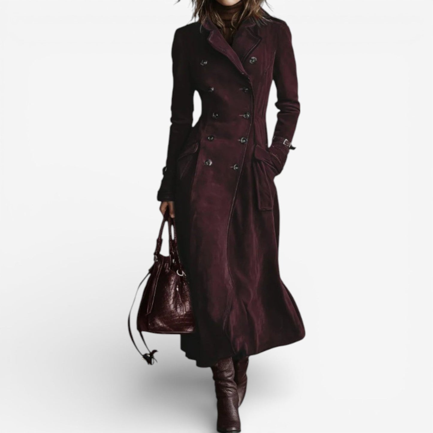 Faux Suede Double-Breasted Long Trench Coat - view 3