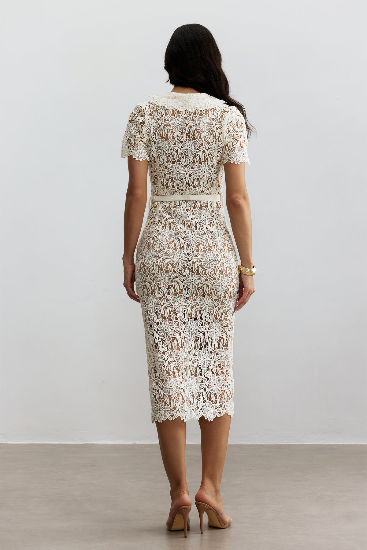 Beige Floral Lace Button-Up Midi Dress - view 4
