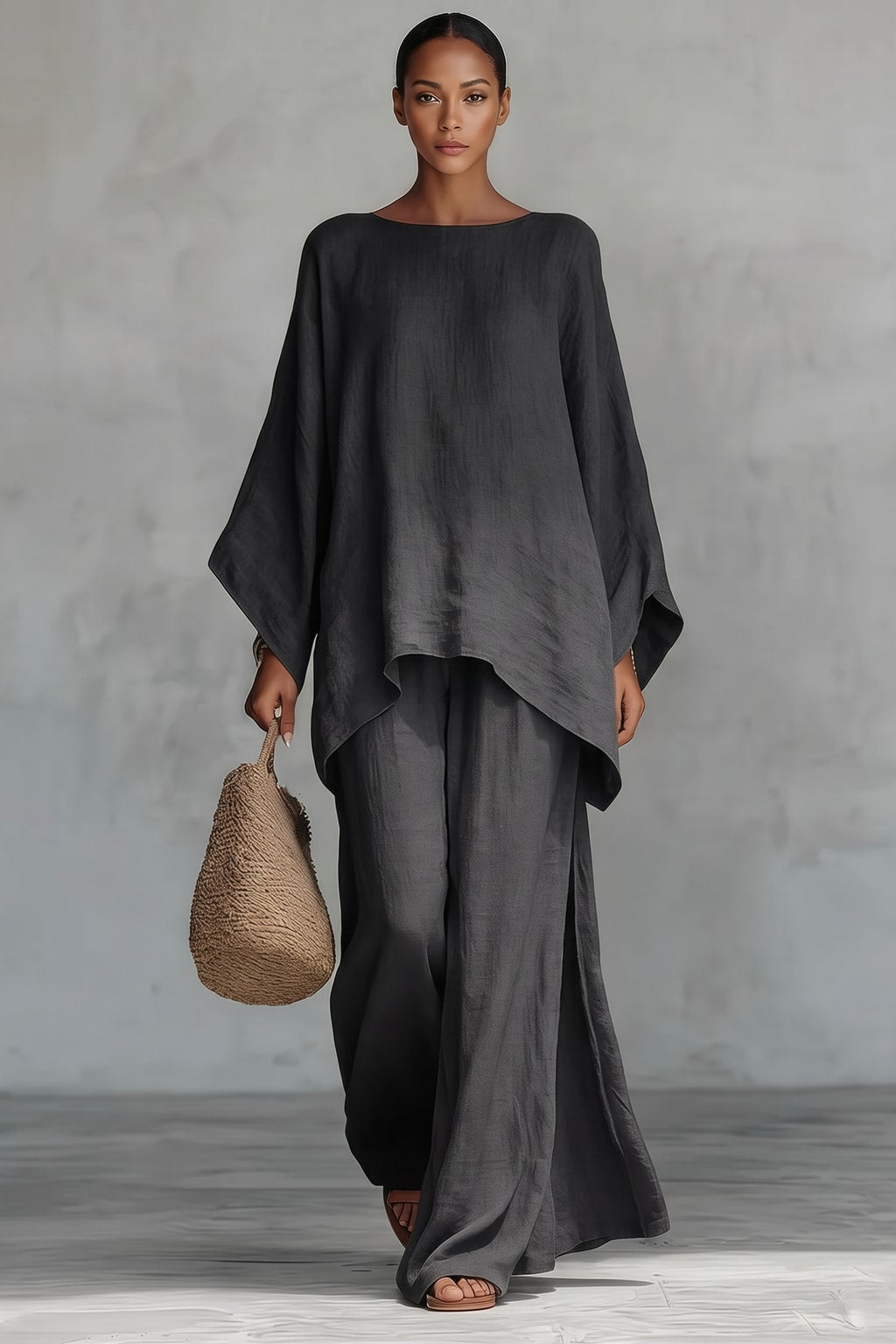 Asymmetric Top Two-Piece Set With Flowing Pants - 5