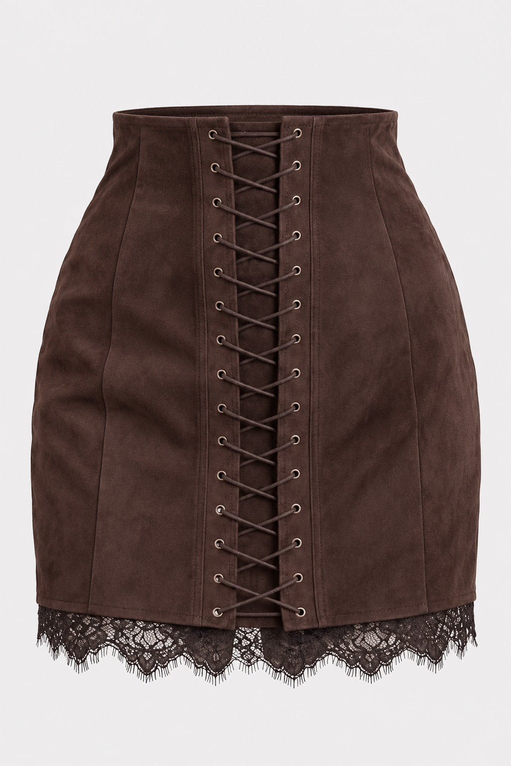 Suede Mini Skirt High Waist Lace Up Front - 1
