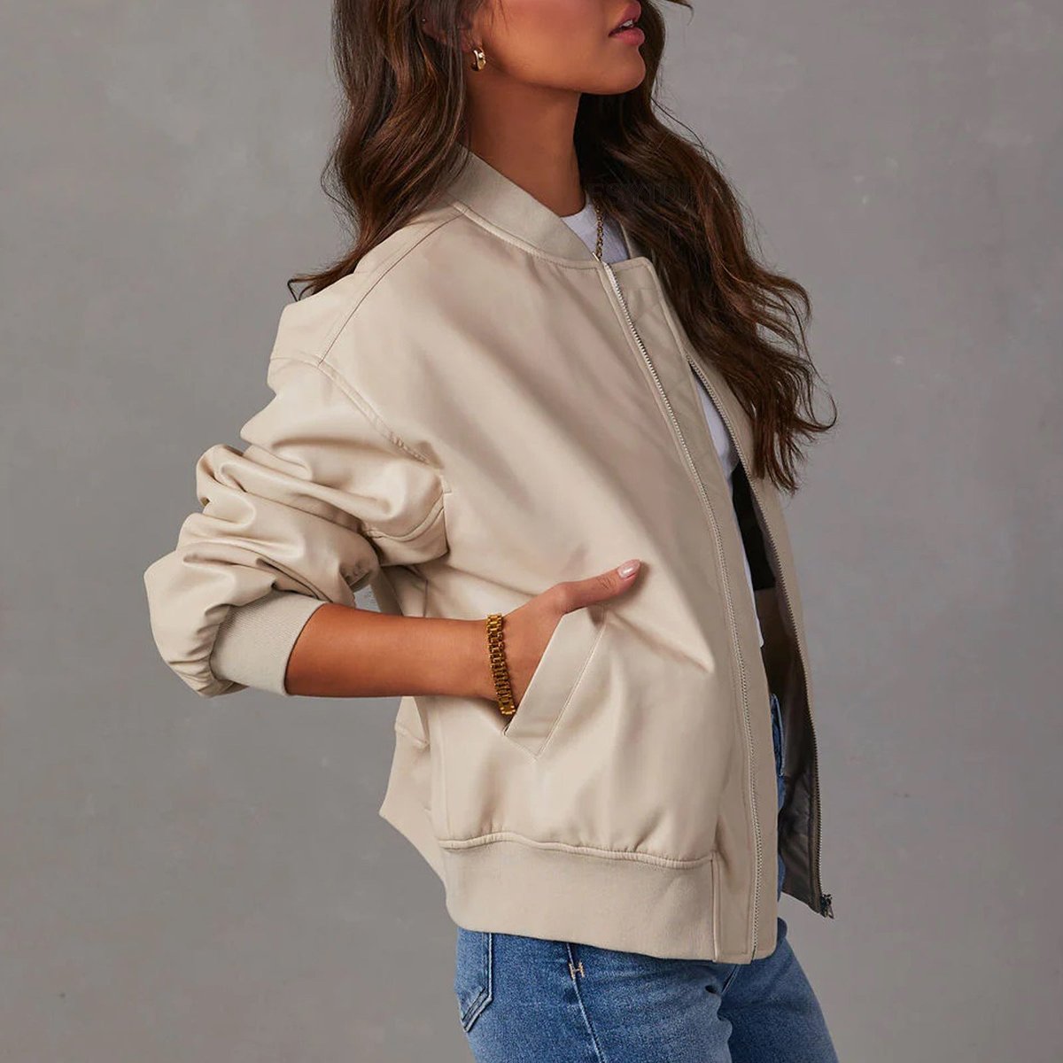 Faux Leather Bomber Jacket with Stand Collar - view 9