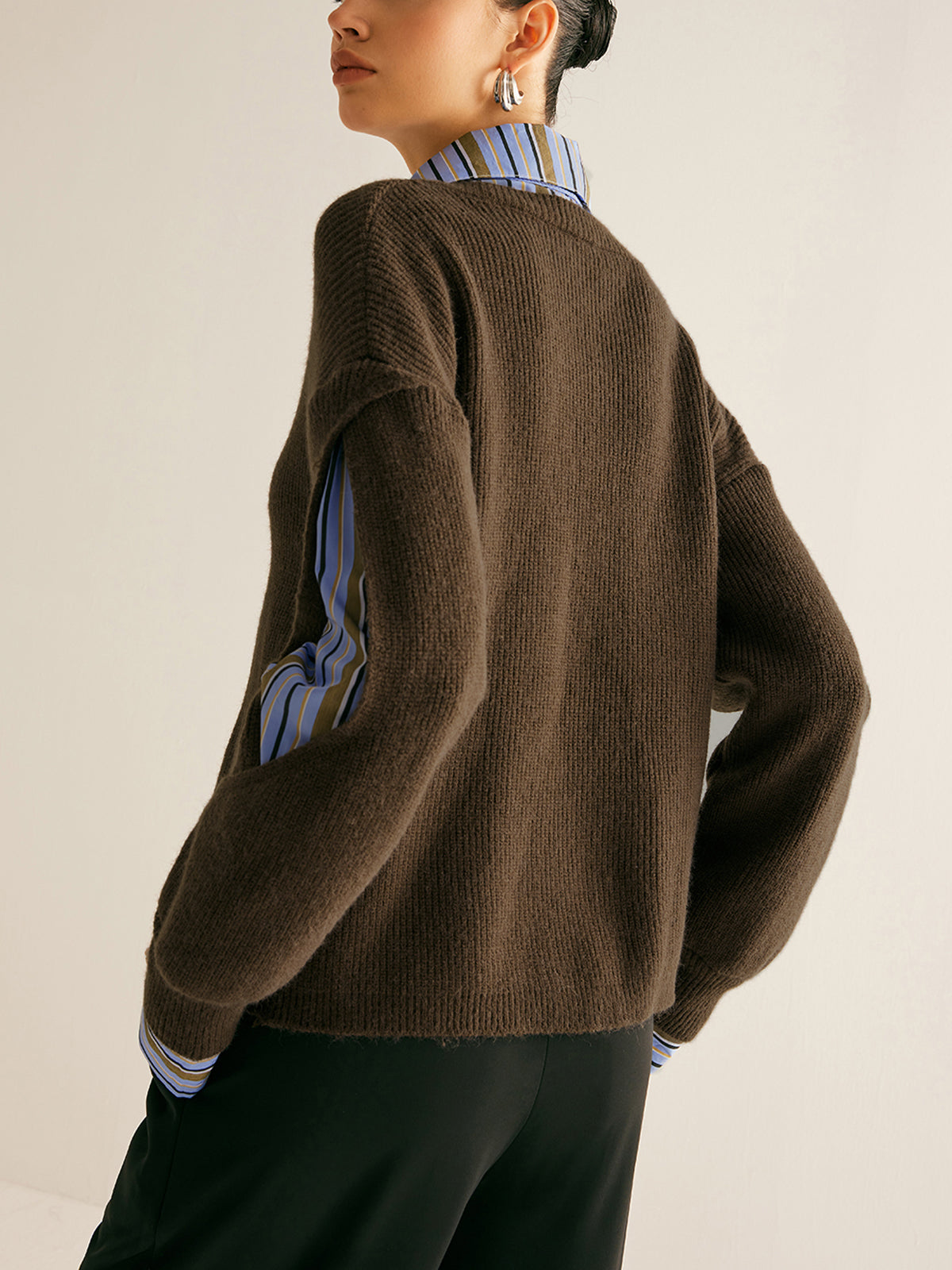 Dark brown ribbed knit cutout sweater - view 4
