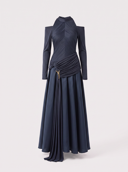 Blue cold-shoulder midi dress with draped front