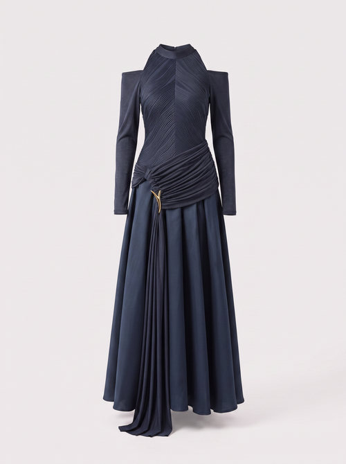 Blue cold-shoulder midi dress with draped front