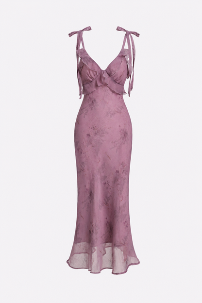 Purple Floral Tie-Strap Ruffle Midi Dress - view 3