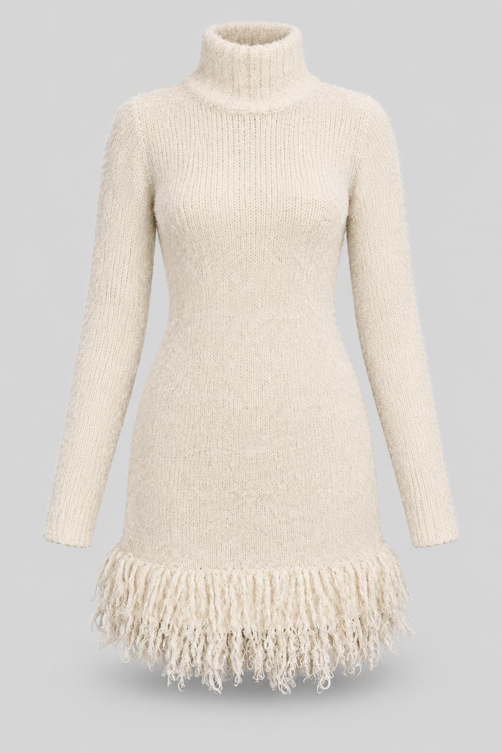 Knit Turtleneck Sweater Mini Dress With Tassel Trim - 1