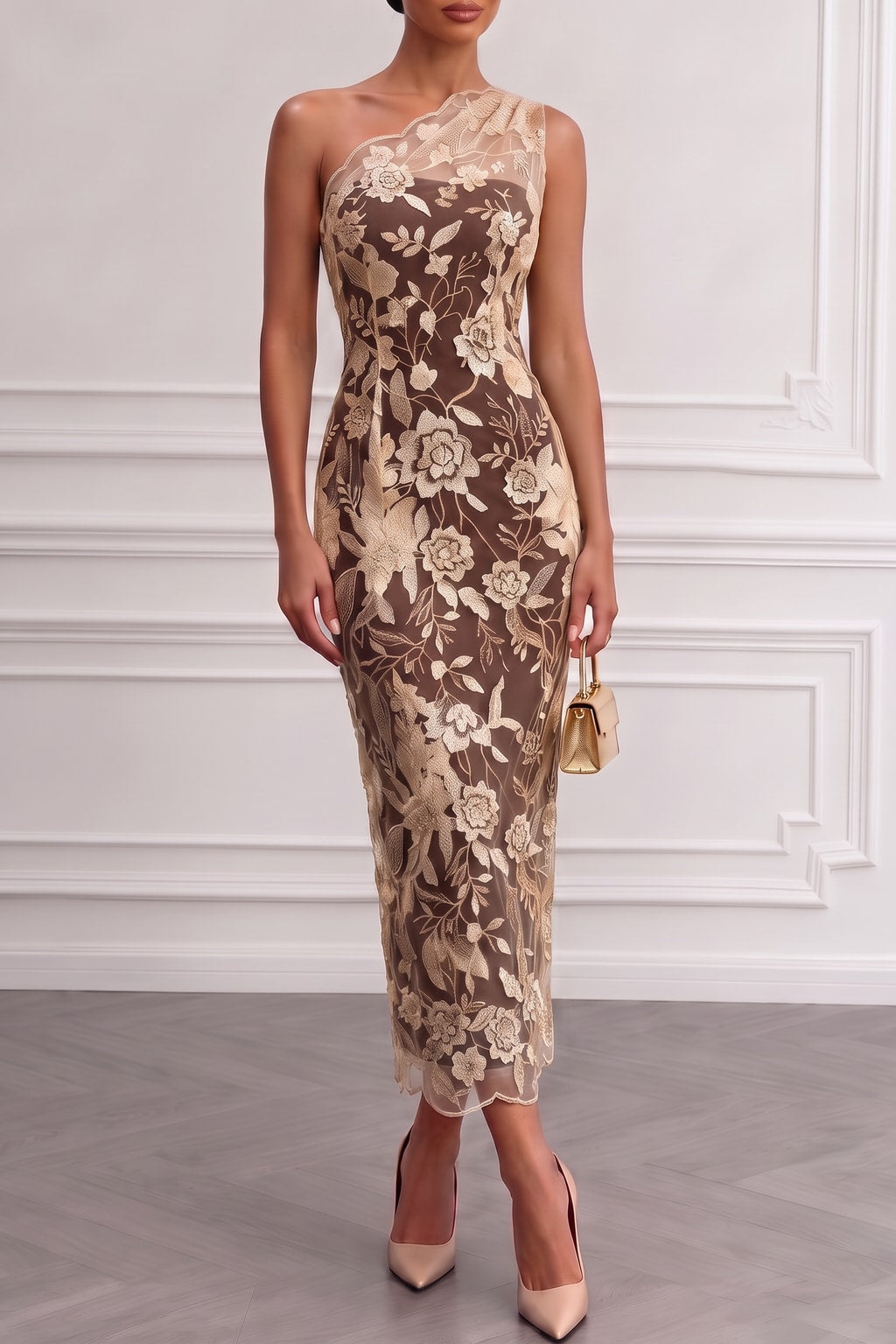 Lace One-Shoulder Sheath Midi Dress - 3