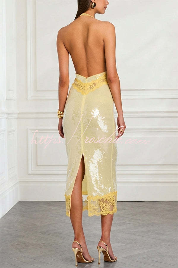 Yellow sequin halter midi dress with sheer lace - view 3