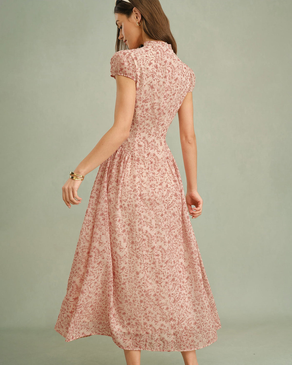 Pink Floral Mock Neck Maxi Dress, Cap Sleeves - view 4