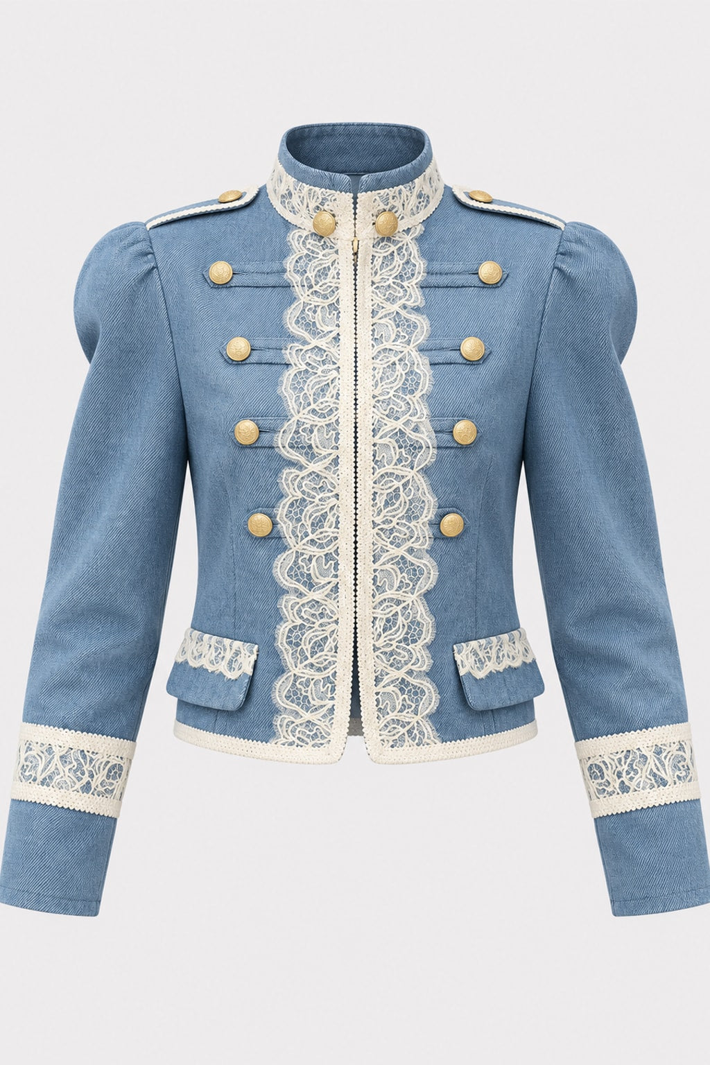 Polyester Cropped Jacket Stand Collar Lace Trim - 1