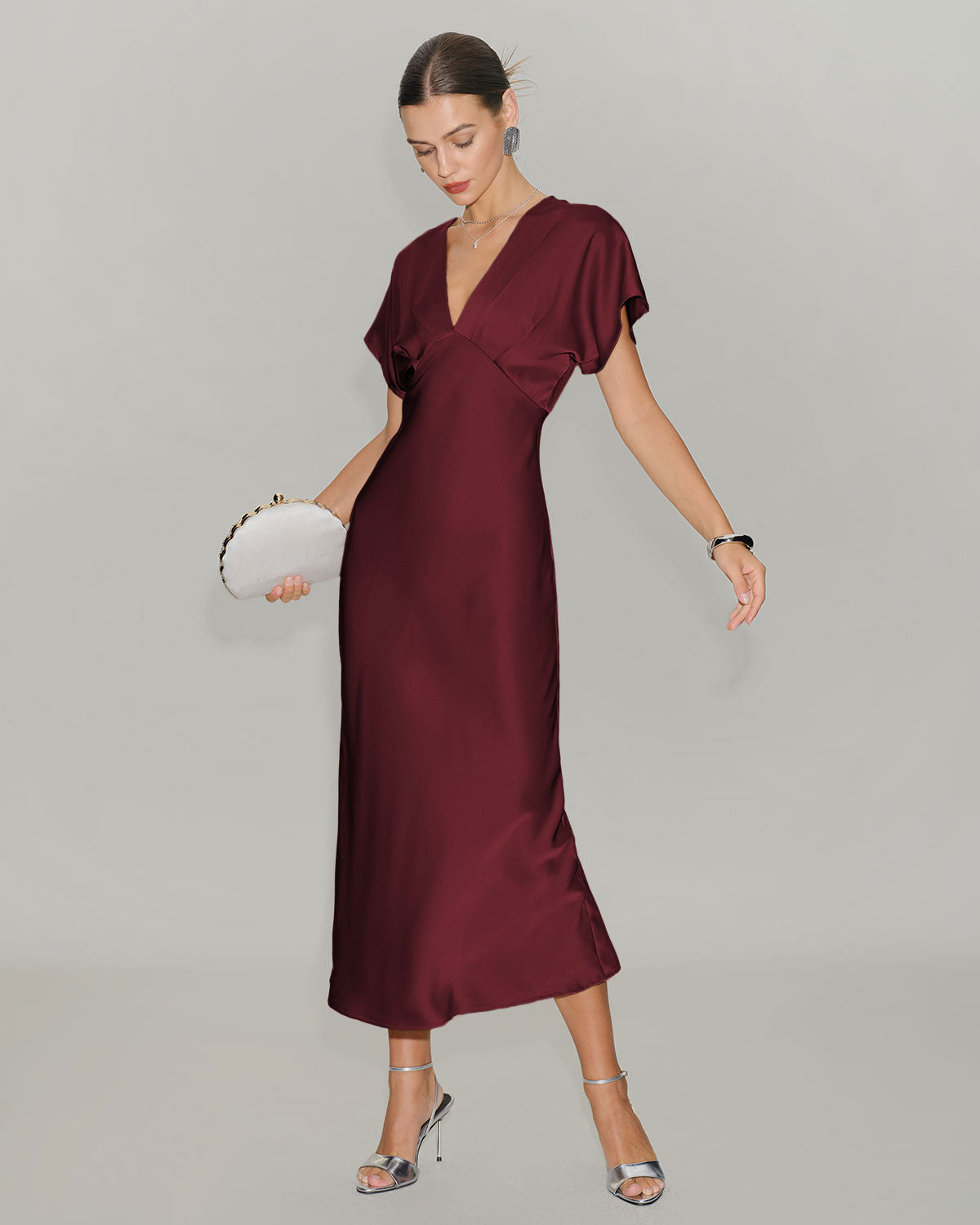 Wine red satin cowl neck midi dress - view 2