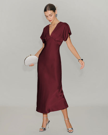 Wine red satin cowl neck midi dress - view 2