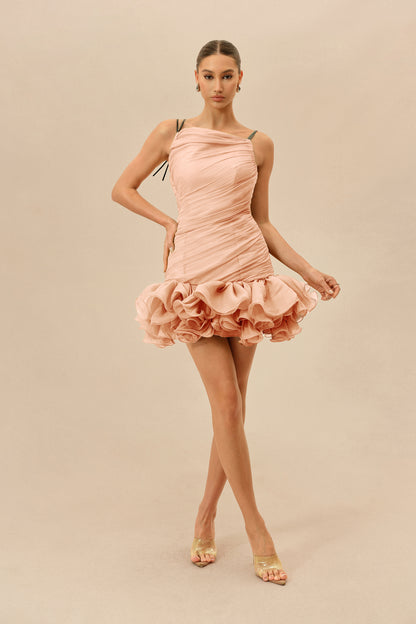 Pink Ruched Mini Dress With Ruffle Hem - view 2