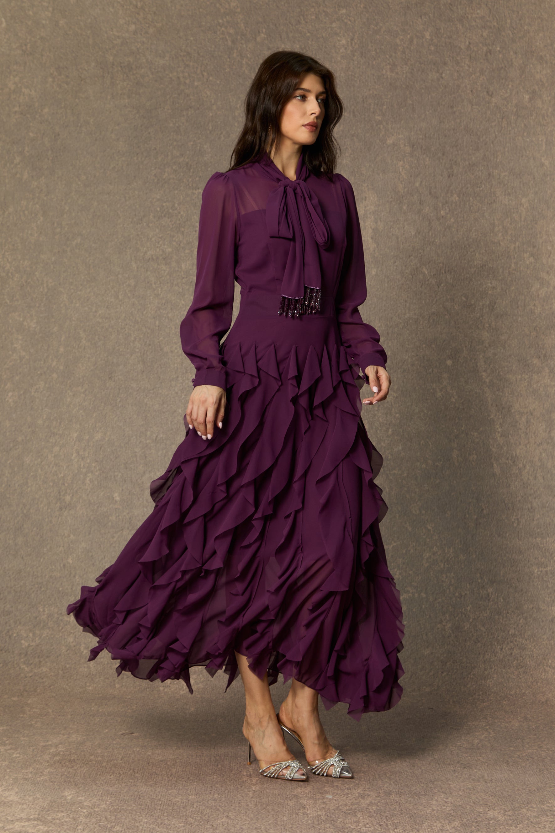 Purple tiered ruffle maxi dress with bow neck - view 5