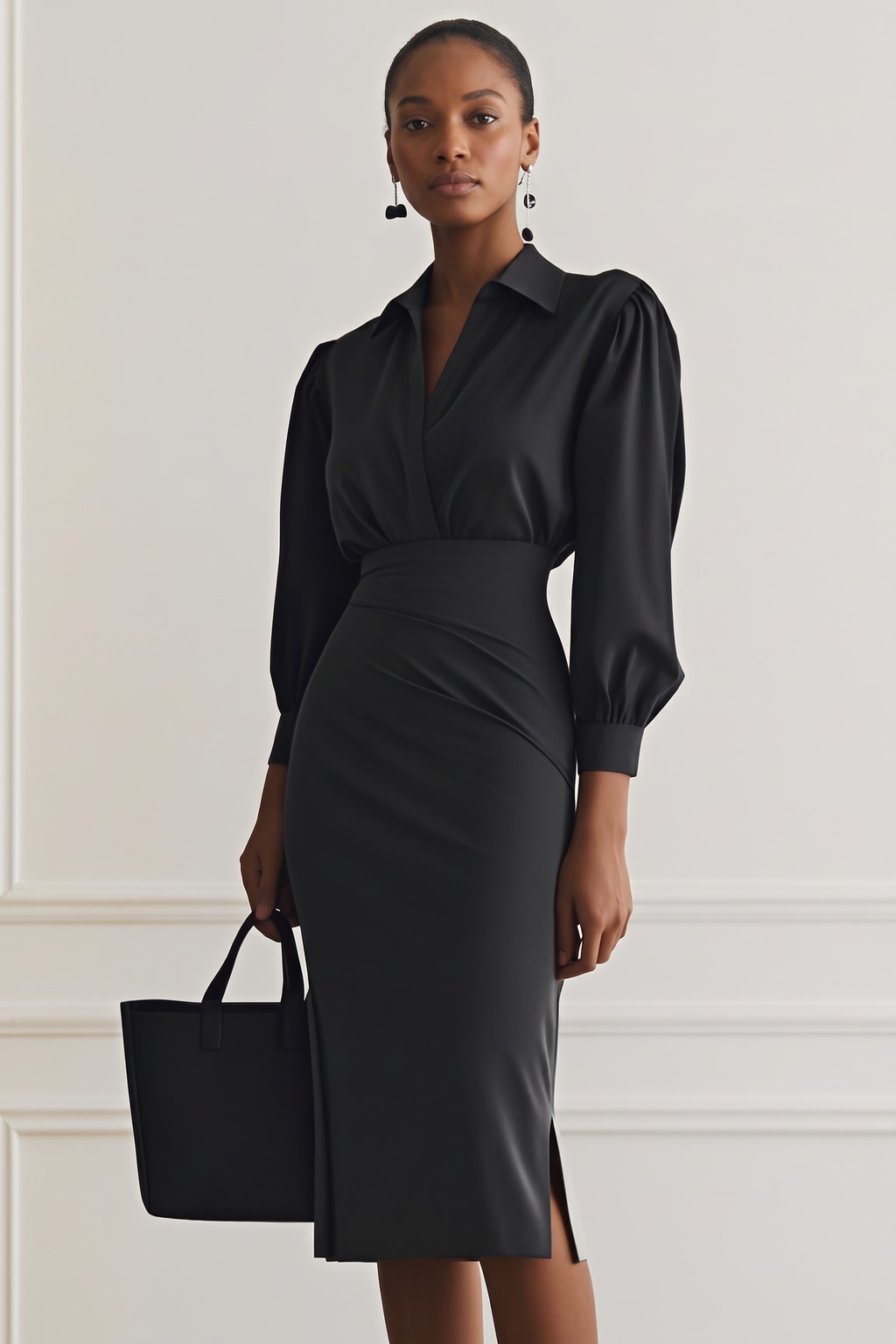 Polyester Ruched Shirt-Collar Two-Piece Skirt Set - 8