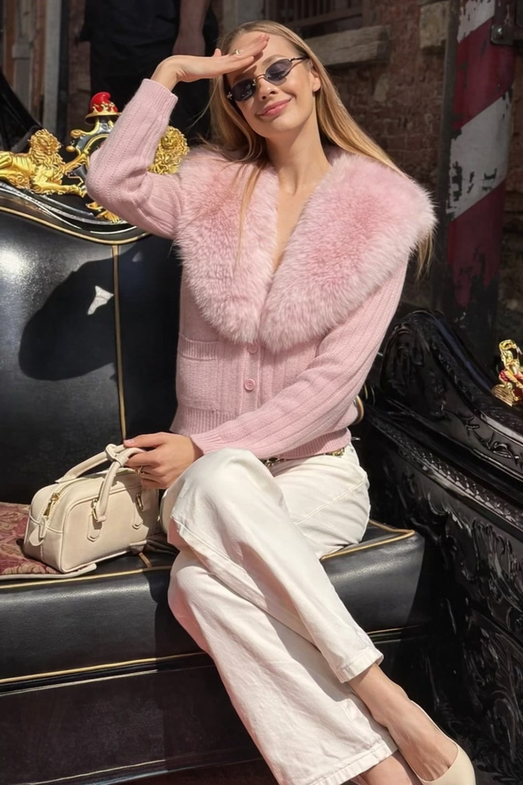 Faux Fur Cardigan Sweater With Collar Detail - 4