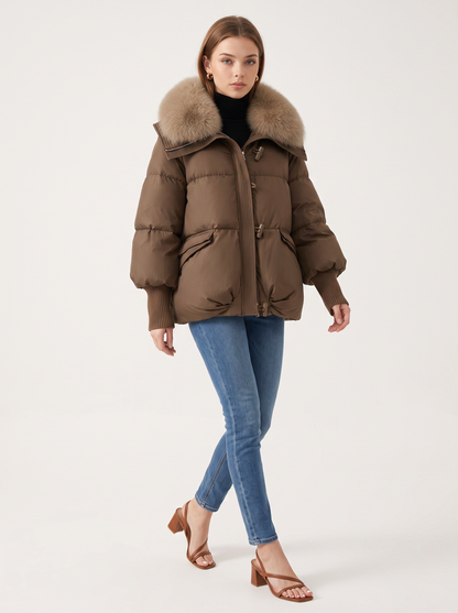 Faux fur collar quilted puffer jacket with hood - view 4