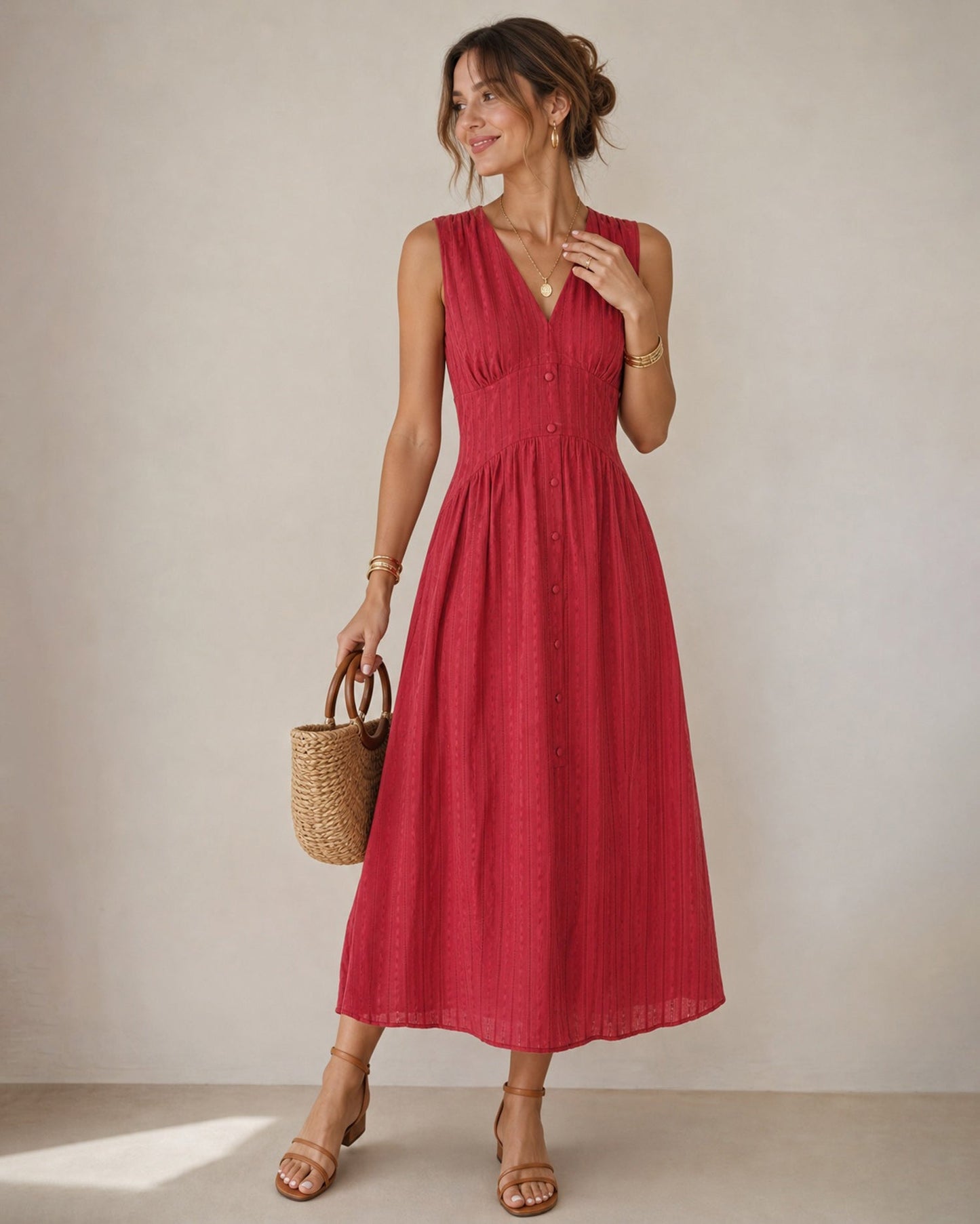 Red V-neck cotton midi dress with side pockets - view 2