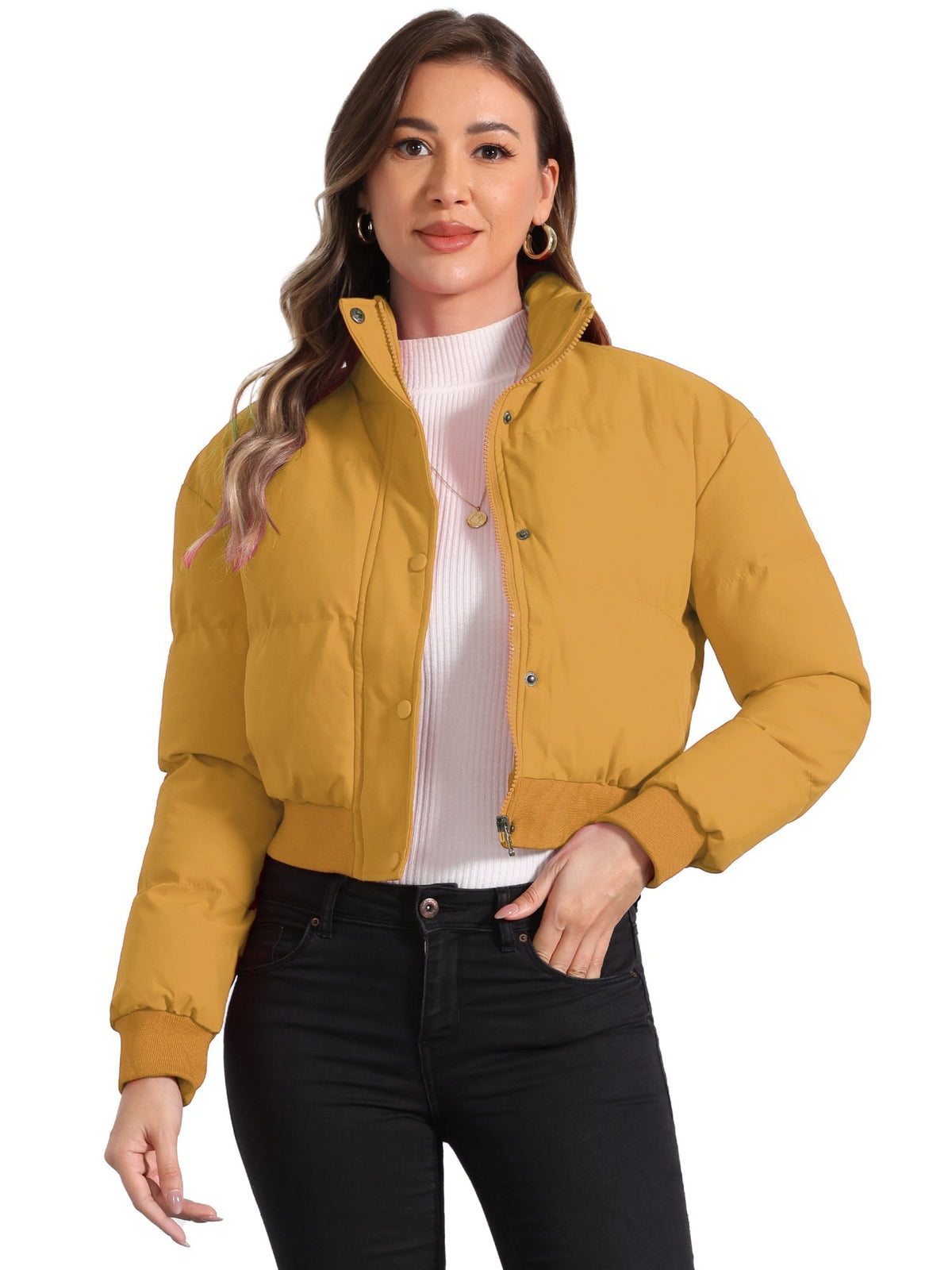 Padded Cropped Bomber Jacket With Stand Collar - view 16