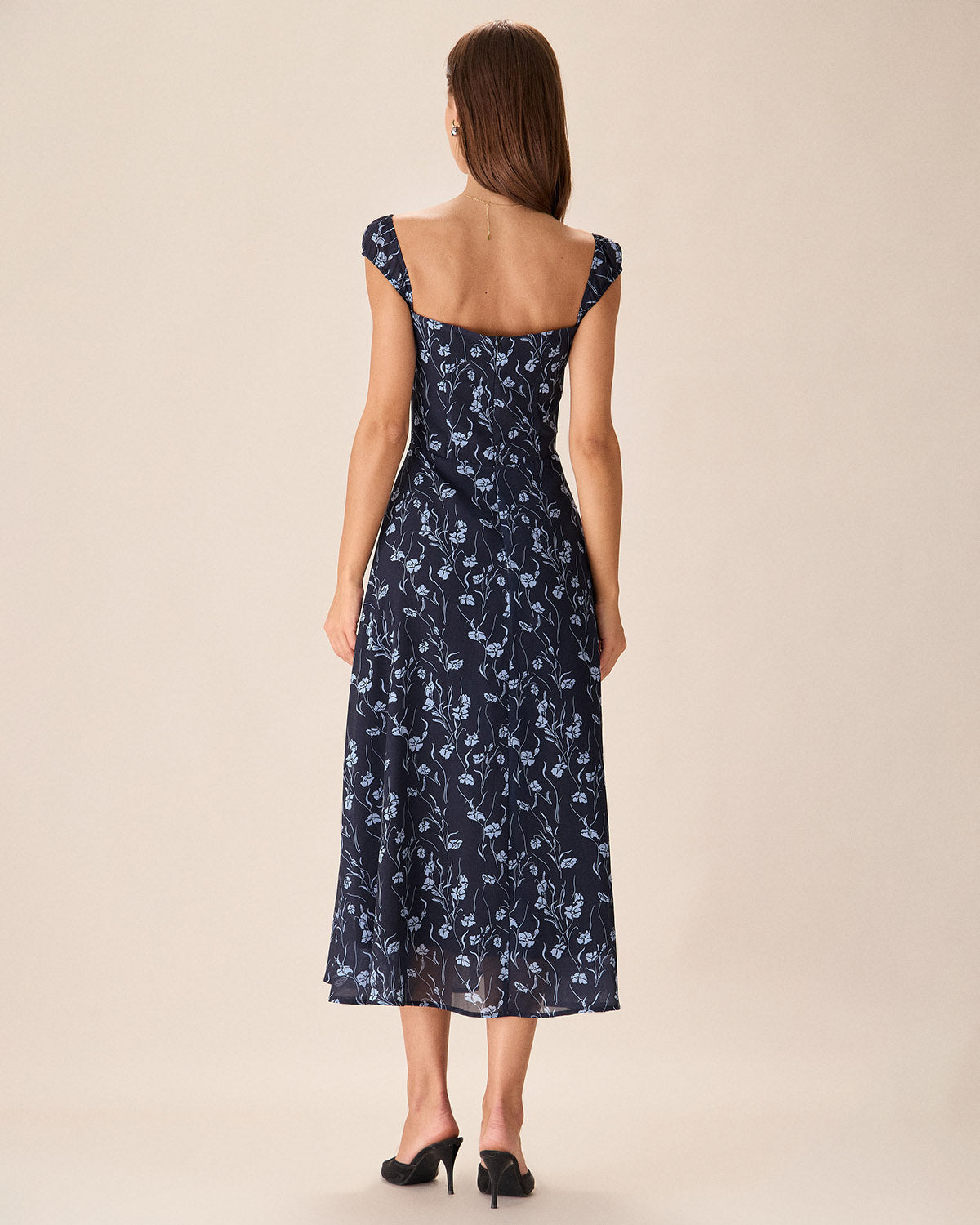 Navy Floral Sweetheart Neckline Midi Dress - view 4
