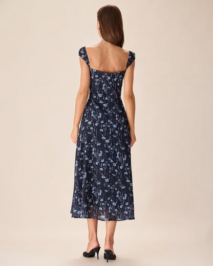 Navy Floral Sweetheart Neckline Midi Dress - view 4