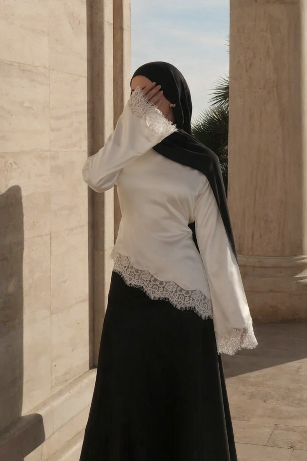 Satin Lace Top With Dramatic Flare Sleeves - 5