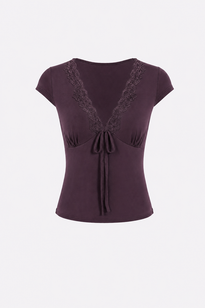 Purple V-neck tie-front lace tee
