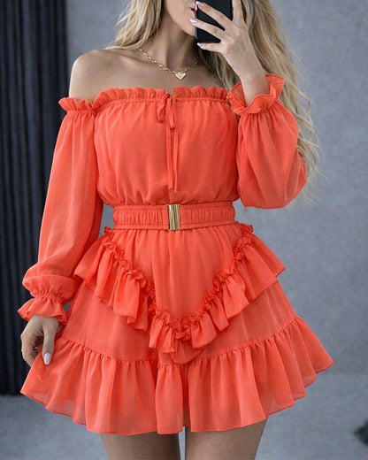 Off-Shoulder Chiffon Mini Dress with Ruffle Hem - view 2