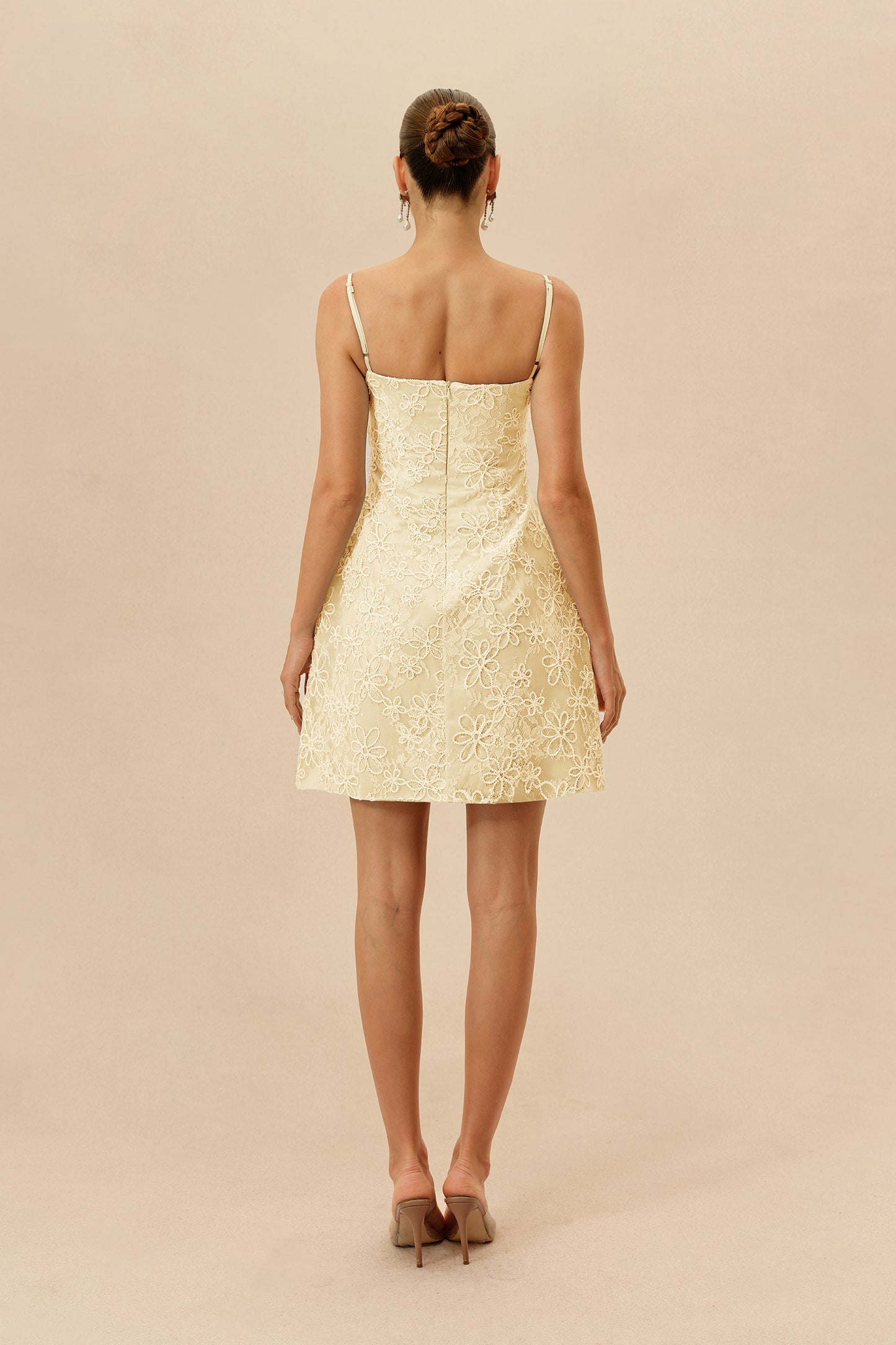 Apricot Floral Lace Mini Dress, Spaghetti Straps - view 4