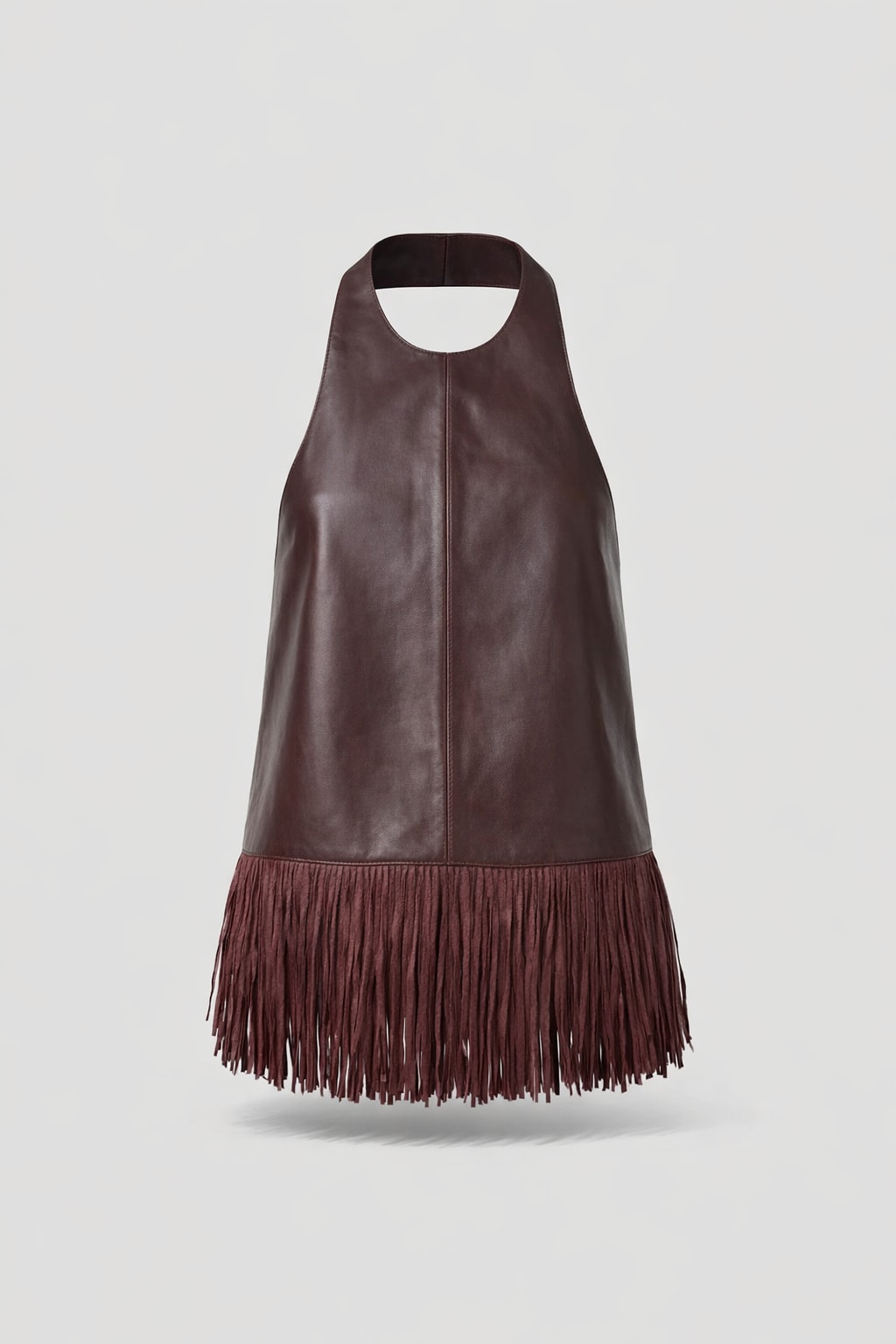 Leather Halter Top With Fringe Hem Burgundy - 1
