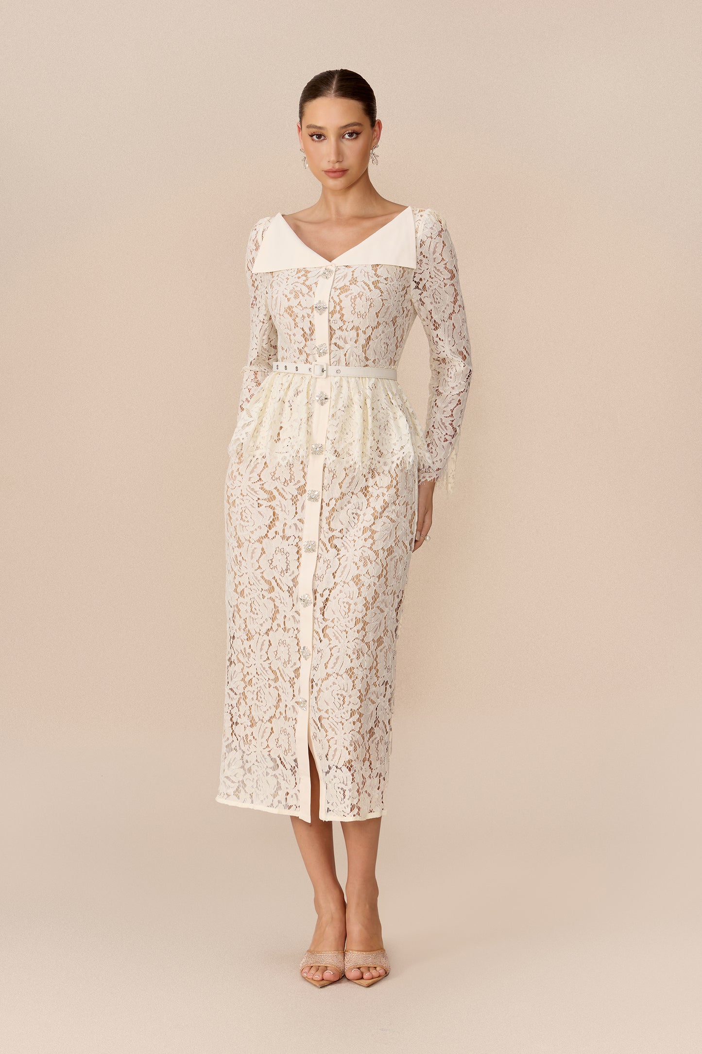 Floral Lace Midi Dress with Belted Lapel Collar - view 5