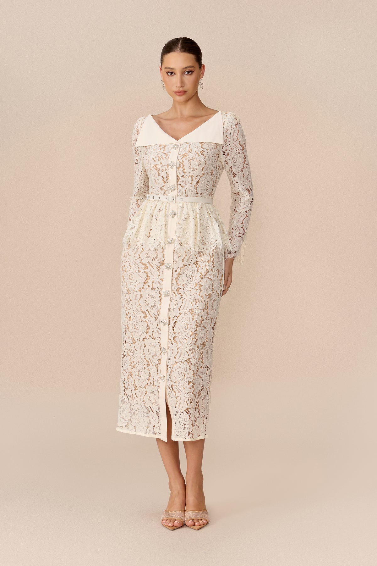 Floral Lace Midi Dress with Belted Lapel Collar - view 5