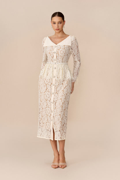 Floral Lace Midi Dress with Belted Lapel Collar - view 5